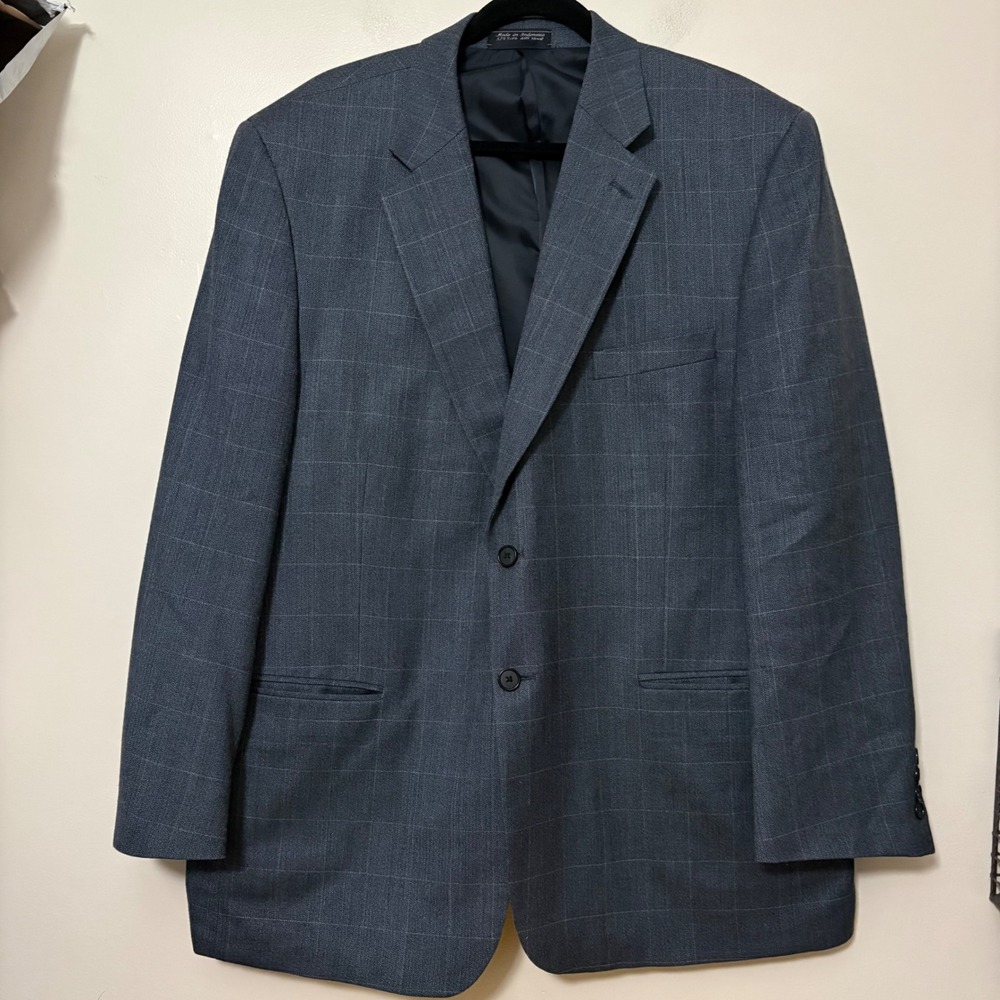Meeting Street Mens 46R Blazer Silk Wool Blue Herringbone Windowpane Sport Coat